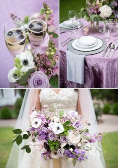 the wedding table is set with purple flowers and silverware, white plates and napkins