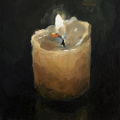 an oil painting of a lit candle on a black background