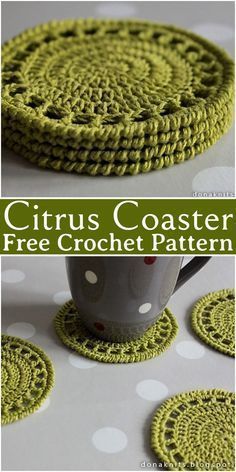 crocheted coasters with the words citrus coaster free crochet pattern