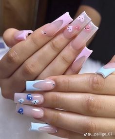 Nail Ideas French Tip Purple, Acrylic Nail Designs That Match Everything, Nail Ideas Mid Length Square, Simple Nails Acrylic Squares Long, Acrylic Nail Designs Mid Length, Square And Coffin Acrylic Nails, Trendy Nails With Charms, Acrylic Nails Jewels Rhinestones, Square Acrylic Nails Summer Art Designs