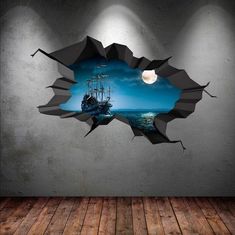 an image of a pirate ship in the ocean through a broken wall