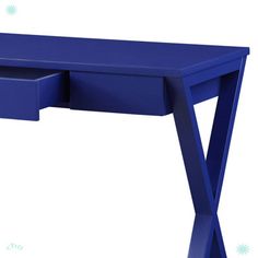 a blue desk with two drawers on the bottom and one drawer at the top that is open