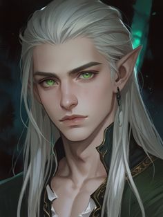 an elf with long white hair and green eyes is looking at the camera while wearing earrings