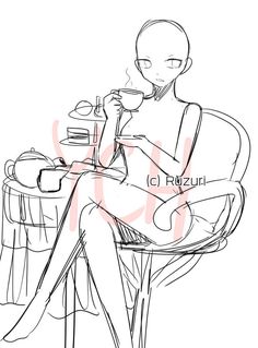 a drawing of a person sitting at a table drinking coffee