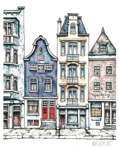 a drawing of some buildings with red doors