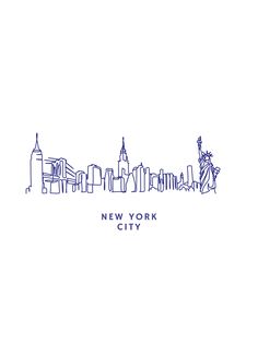 the new york city skyline drawn in blue ink