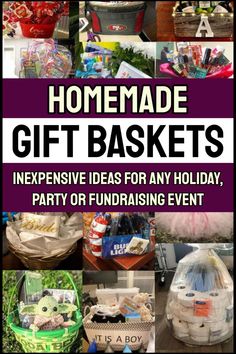 some baskets are shown with the words homemade gifts for any holiday party or fundraiser event