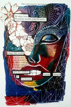 a painting with words written on it and an image of a woman's face