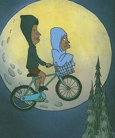 a man riding a bike next to a woman on top of a moon filled sky