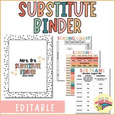 the substitue binder is shown with text and pictures for each subject