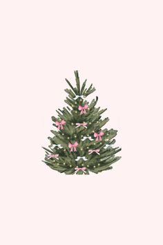 a watercolor christmas tree with pink bows on it's branches and the words merry written