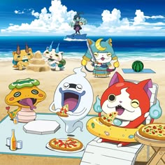 cartoon characters are eating pizza on the beach