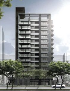 an artist's rendering of a tall building with balconies on each floor