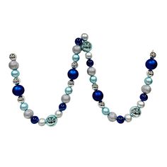 a blue and white beaded necklace on a white background