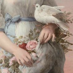 a painting of a woman with two birds on her shoulder, holding a bouquet of flowers