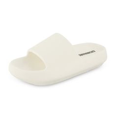 Meet Feather, our super comfortable, squishy cloud slide sandal. These slides are completely waterproof, with a soft and flexible upper and outsole. Feather's molded footbed sits on top of a 1.75 inch platform, providing your feet with the ultimate comfort. Size: 11.  Color: Off-White.  Gender: female.  Age Group: adult. White Pillow Slides, Foam Slides, Preppy Swimsuit, Cloud Slides, Cute Slides, White Slides, Dorm Essentials, Slides Sandals, Comfort Color