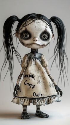 a creepy doll with long black hair and big eyes wearing a dress that says creepy dolls