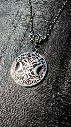 "Triple Moon Amulet on 24\" silvertone chain. Gift boxed and professionally branded and packaged. Please view all photos for size reference." Moon Amulet, Celtic Pagan, Buddhist Mala, Goddess Pendant, Witch Stuff, Mystical Places, Cozy Mystery, Pensacola Fl, Protection Amulet