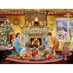 two children and a dog are sitting in front of a christmas tree with presents on the floor