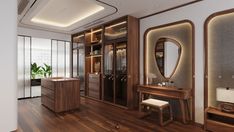 an elegant dressing room with wooden flooring and lighting