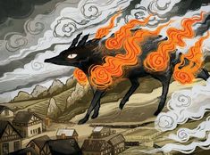 an animal with orange flames on its back in front of some buildings and clouds above it