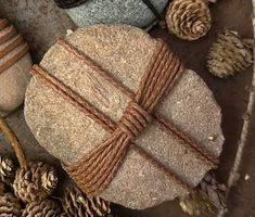 some rocks and pine cones are tied up with twine to make a christmas decoration