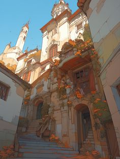 an artistic painting of a building with stairs and flowers growing on the side of it