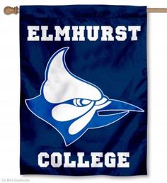 a blue and white flag with the words elmhurst college on it, hanging from a wooden pole