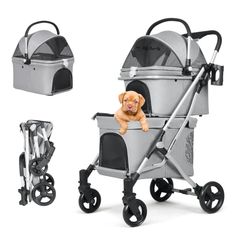 a dog sitting in a stroller next to it's side and the other side