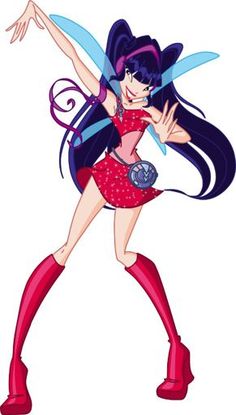 an image of a cartoon character with long hair and purple hair, wearing red boots