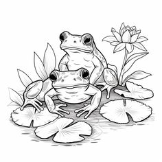 two frogs sitting on top of lily pads