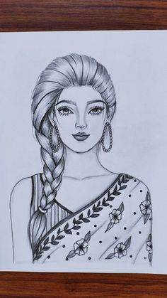 a drawing of a woman with long hair and braids in her hair, wearing earrings