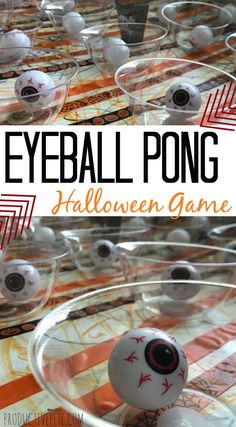 an eyeball pong game is shown with the words, halloween game on it