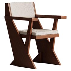 a wooden chair with white upholstered fabric on the seat and armrests