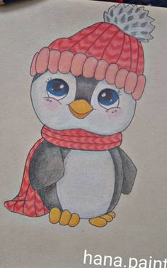 a drawing of a penguin wearing a knitted hat and scarf with a pom - pom on its head