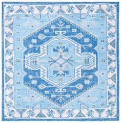 a blue and white rug with an intricate design on the middle, surrounded by smaller geometric shapes