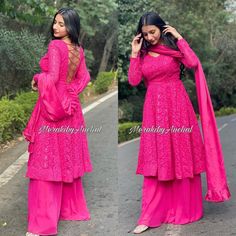 Anarkali With Sharara, Plazzo Suit, Ruffle Dupatta, Chikankari Anarkali, Plazzo Suits, Simple Kurti, Simple Kurti Designs, Set Designs, Kurta Set