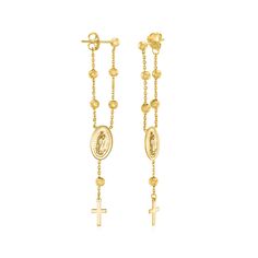 Ross-Simons - 14kt Yellow Gold Rosary Drop Earrings. Artfully crafted in polished 14kt yellow gold and modeled after sacred rosary beads, these meaningful drop earrings present 3mm beads, a pair of Virgin Mary medals and cross charms. Cable chain. Hanging length is 2 1/4". Post/clutch, 14kt yellow gold rosary drop earrings. Diamond Cross Earrings, Cross Choker Necklace, Cross Necklace Sideways, Gold Rosary, Cross Earrings Studs, Gold Cross Pendant, Natural Gold, Rosary Beads, Cross Bracelet