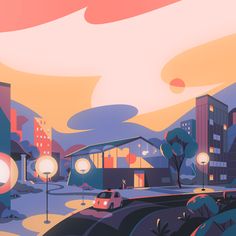 an illustration of a city street at sunset