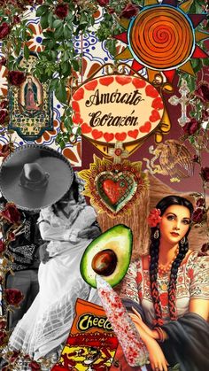 the collage has an image of two women in mexican dress and one is holding an avocado