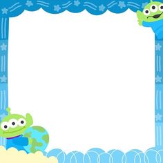 a blue and white frame with two cartoon monsters on it, one holding an earth globe