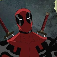 deadpool with two swords standing in front of an evil looking man wearing a red and black suit