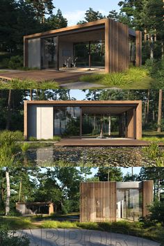 four different views of a house in the middle of some trees and grass, with several windows