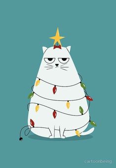 a white cat wearing glasses and a christmas tree with lights on it's head