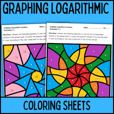 two coloring sheets with the words graphing logarimic and color by numbers on them