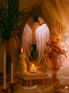 a painting of an angel sitting in front of a mirror next to candles and flowers