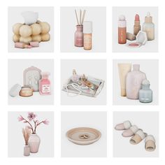 several different types of items displayed on a white background, including soaps and bottles