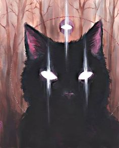 a painting of a black cat with white eyes and glowing lights on its face, in front of trees