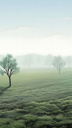 a painting of trees in the middle of a field