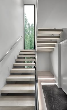 the stairs in this modern house are made of wood